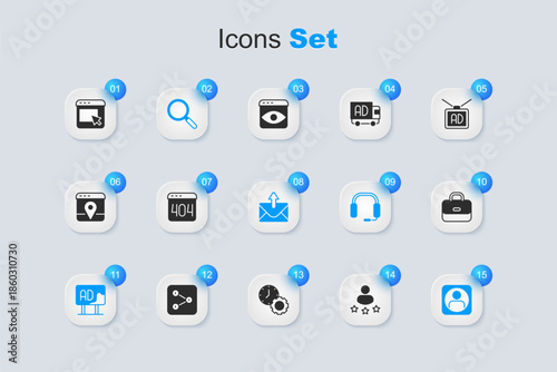 Set Consumer product rating, Page with 404 error, Magnifying glass, Advertising, Create account screen, Briefcase, and Mail and e-mail icon. Vector