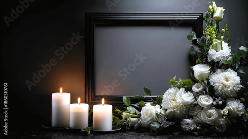 A somber arrangement featuring lit candles, a black frame, and white floral blooms, conveying a sense of remembrance and reflection.