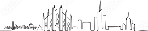 Single continuous line drawing of Milan city skyline, Italy. Famous city skyscraper landscape in world. World travel wall decor poster print concept. one line Icon drawing