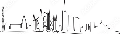 Single continuous line drawing of Milan city skyline, Italy. Famous city skyscraper landscape in world. World travel wall decor poster print concept. one line Icon drawing