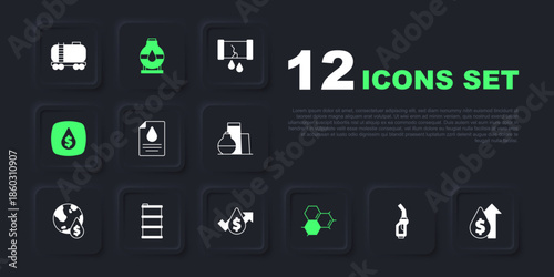 Set Gasoline pump nozzle, Oil price increase, Contract money and pen, Molecule oil, drop with dollar symbol, Barrel, tank storage and icon. Vector