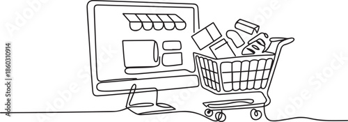 Single one line drawing monitor screen and shopping cart with products purchased online. E-commerce and digital marketing. Order to cart. one line Icon drawing