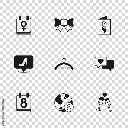 Set International Women Day, Heart in speech bubble, Glass of champagne, Hanger wardrobe, Greeting card with 8 March, Calendar, Gift bow and Woman shoe icon. Vector