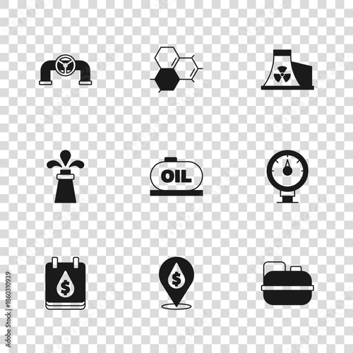 Set Oil drop with dollar symbol, Motor gas gauge, Canister for gasoline, tank storage, Nuclear power plant, pipe valve, Molecule oil and rig icon. Vector