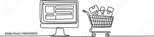 Single one line drawing monitor screen and shopping cart with products purchased online. E-commerce and digital marketing. Order to cart. one line Icon drawing