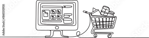 Single one line drawing monitor screen and shopping cart with products purchased online. E-commerce and digital marketing. Order to cart. one line Icon drawing