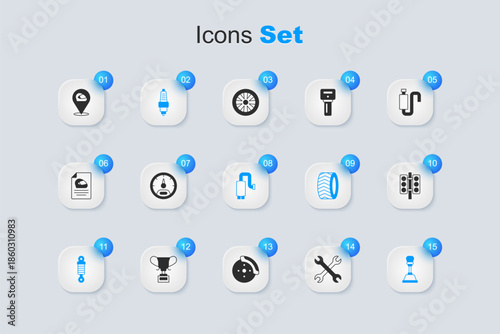 Set Wrench spanner, Speedometer, Car spark plug, Shock absorber, Gear shifter, Racing traffic light, helmet and muffler icon. Vector
