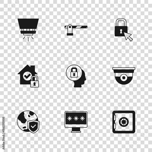 Set Monitor with password, Security camera, Safe, Lock, Fire sprinkler system, Parking car barrier and House under protection icon. Vector