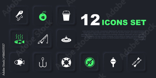 Set Fishing float, Oars or paddles boat, rod, Speaker mute, Dead fish, hook, Bomb and Lifebuoy icon. Vector