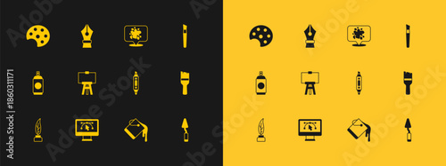 Set Paint brush, Computer with design program, Marker pen, bucket, Wood easel, spray, Palette and Fountain nib icon. Vector