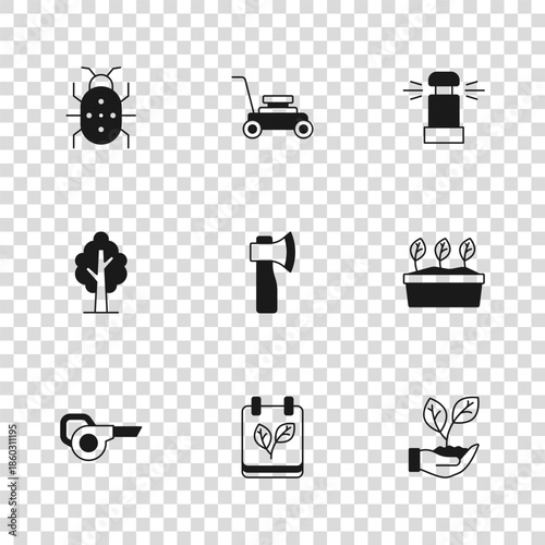 Set Calendar with autumn leaves, Plant in pot, Leaf hand, Wooden axe, Automatic irrigation sprinklers, Colorado beetle, Lawn mower and Tree icon. Vector