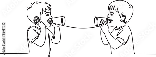 Single continuous line drawing little boys talk using string phone. Children communicating through paper cups phone. Kids playing with can telephone. one line Icon drawing