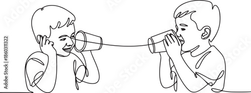 Single continuous line drawing little boys talk using string phone. Children communicating through paper cups phone. Kids playing with can telephone. one line Icon drawing