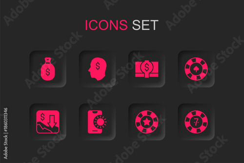 Set Online sports betting, Lucky player, Money bag, Casino chips, Stacks paper money cash and Financial growth decrease icon. Vector