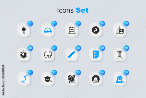 Set CD or DVD disk, Glasses, Protractor grid, Microscope, School backpack, Law pillar, Creative lamp light idea and Ruler icon. Vector