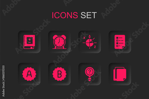 Set Exam paper with incorrect answers, Alarm clock, Book mathematics, Unknown search, Clipboard checklist, File document, Trigonometric circle and sheet plus grade icon. Vector