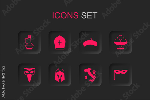 Set Roman army helmet, Pope hat, Bottle of olive oil, Map Italy, Ice cream in the bowl, Carnival mask, French beret and icon. Vector
