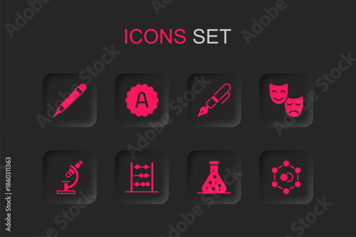 Set Abacus, Exam sheet with plus grade, Pencil eraser, Test tube, Comedy and tragedy masks, Molecule, Fountain pen nib and Microscope icon. Vector