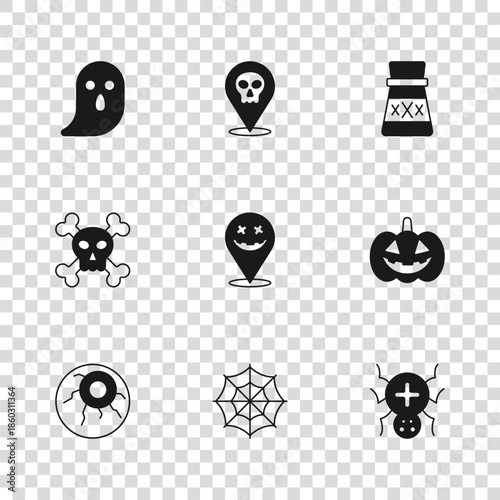 Set Spider web, Pumpkin, Happy Halloween holiday, Bottle with potion, Ghost, Skull and crossbones icon. Vector