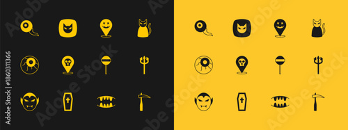 Set Black cat, Coffin with christian cross, Lollipop, Vampire teeth, Skull, Happy Halloween holiday, Eye and icon. Vector