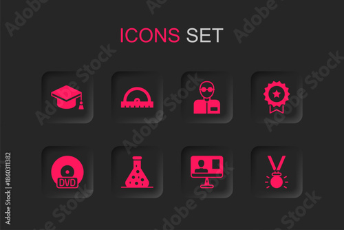 Set Test tube, Protractor grid, Graduation cap, Online class, Medal with star, Teacher and CD DVD disk icon. Vector