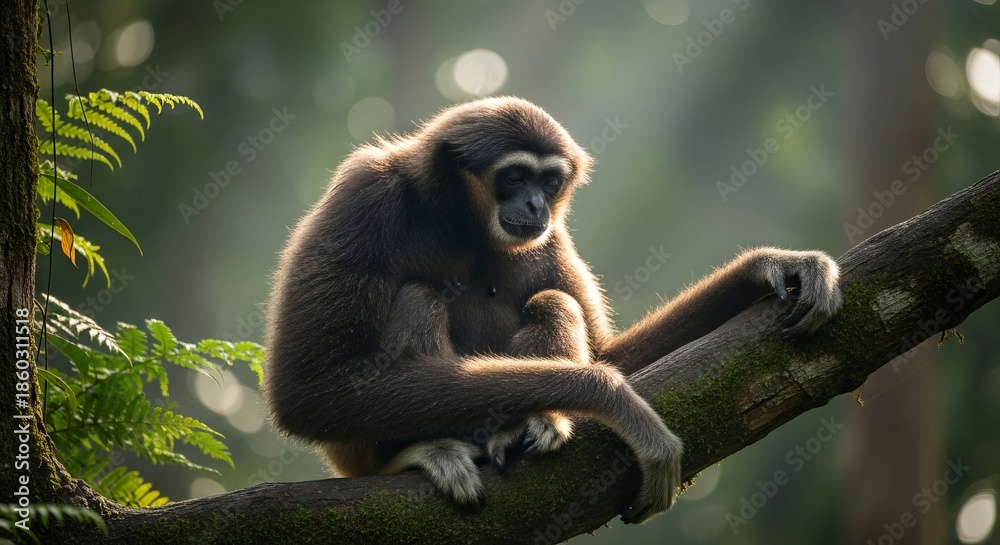 Fototapeta premium Hoolock gibbon sitting on a tree branch with long arms and dark fur. An agile arboreal primate known for loud calls, brachiation, and strong family bonds in tropical forests.