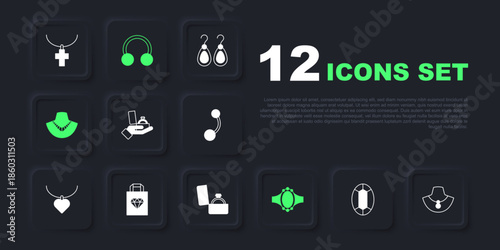 Set Gem stone, Necklace mannequin, Diamond engagement ring box, Shopping bag jewelry, Piercing and icon. Vector
