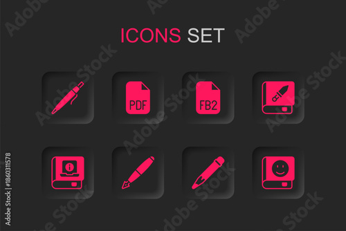 Set Fountain pen nib, PDF file document, Pen, Pencil with eraser, Book about weapon, FB2 File and User manual icon. Vector