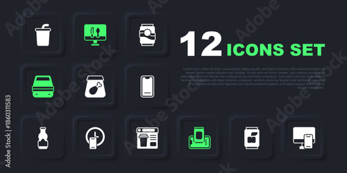 Set Soda can, Online ordering food, meal, Food on mobile, Lunch box, Round the clock delivery, and icon. Vector