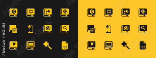 Set Book about physics, cinema, Photo album gallery, Magnifying glass, Table lamp, Financial book and Jewish torah icon. Vector