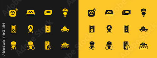 Set Taxi driver, mobile app, Mobile banking, Location taxi car, Stacks paper money cash, and roof icon. Vector