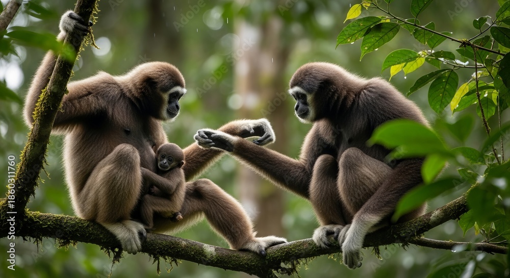 Obraz premium Hoolock gibbon sitting on a tree branch with long arms and dark fur. An agile arboreal primate known for loud calls, brachiation, and strong family bonds in tropical forests.