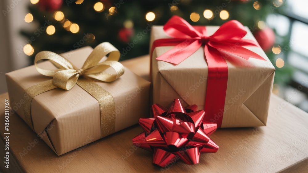 Obraz premium Festive Christmas gifts wrapped in brown paper with red and gold ribbons, ready for holiday celebrations