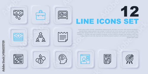 Set line News, Target financial goal, Employee hierarchy, Video chat conference, Stacks paper money cash, Financial growth dollar, Briefcase and Business man planning mind icon. Vector