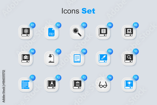 Set Glasses, Table lamp, FB2 File, Decree, parchment, scroll, Book, about women, physics and E-Book reader icon. Vector