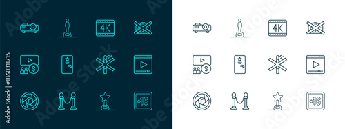 Set line Prohibition no video recording, Rope barrier, No smoking, Movie trophy, Backstage, 4k movie, Movie, film, media projector and icon. Vector