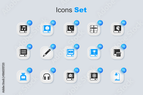 Set Book about physics, Pencil with eraser, Inkwell, Table lamp, Daily paper notepad, Audio book and cinema icon. Vector