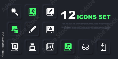 Set Glasses, Table lamp, Pencil with eraser, Audio book, Daily paper notepad, Inkwell, Law and Financial icon. Vector