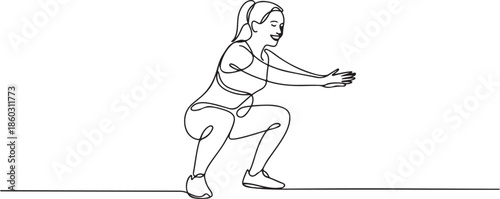 Single continuous line drawing of young happy woman exercising doing squat movement in sport center gym club. Sport training fitness concept. one line Icon drawing