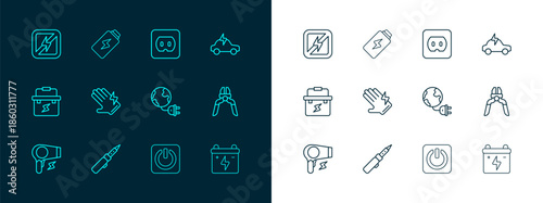 Set line Electric car, Soldering iron, Global energy planet with plug, Power button, glove, Electrical outlet, No lightning and Battery charge icon. Vector