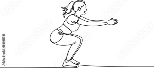 Single continuous line drawing of young happy woman exercising doing squat movement in sport center gym club. Sport training fitness concept. one line Icon drawing