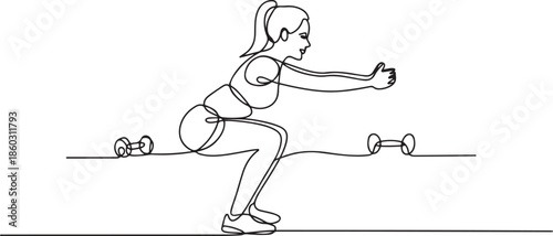 Single continuous line drawing of young happy woman exercising doing squat movement in sport center gym club. Sport training fitness concept. one line Icon drawing
