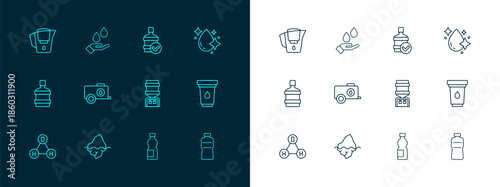 Set line Water drop, Iceberg, cooler, Bottle of water, Mobile tank, Big bottle with clean, jug filter and Washing hands soap icon. Vector