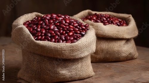 Two rustic burlap sacks overflowing with vibrant red kidney beans on a wooden surface