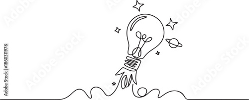 Single continuous line drawing of smart bright light bulb take off flying to the space logo label. Rocket bulb company icon label concept. one line Icon drawing