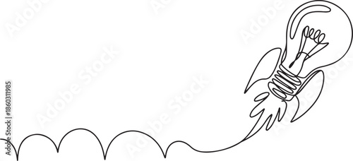 Single continuous line drawing of smart bright light bulb take off flying to the space logo label. Rocket bulb company icon label concept. one line Icon drawing