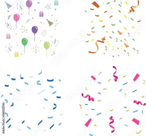Confetti Background Icon set. Multicolor confetti abstract background with a lot of falling pieces, isolated on a white background. congratulatory background with colored confetti and serpentine.