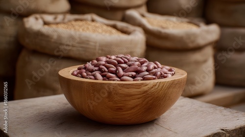 Wooden bowl of red kidney beans on a rustic table with burlap sacks of grain in the background
