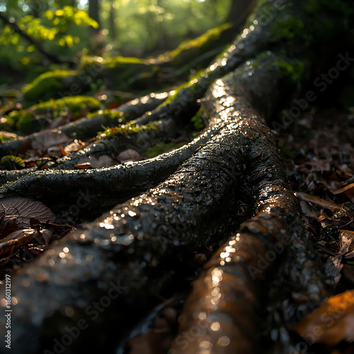 Moist Forest Tree Roots with Moss and Fallen Leaves