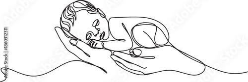 Single one line drawing beautiful new born baby resting on mom's hand. Tiny newborn baby's and female hands. Happy mom and her child. one line Icon drawing